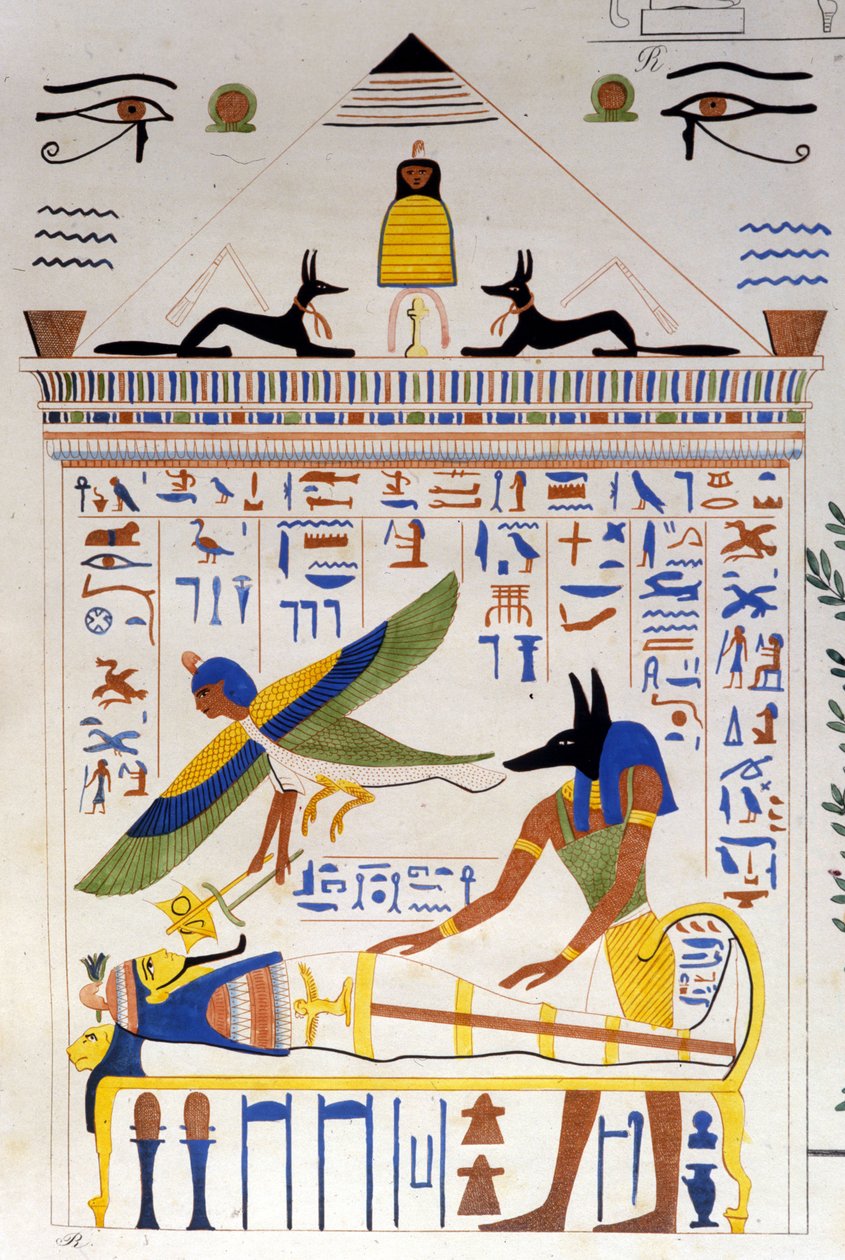 Anubis kümmert sich um die Mumie, während die Seele des Verstorbenen zur Transmigration fliegt - in „Denkmäler von Ägypten und Obernubien“ von Ippolito Rosellini (Rossellini) von Unknown artist