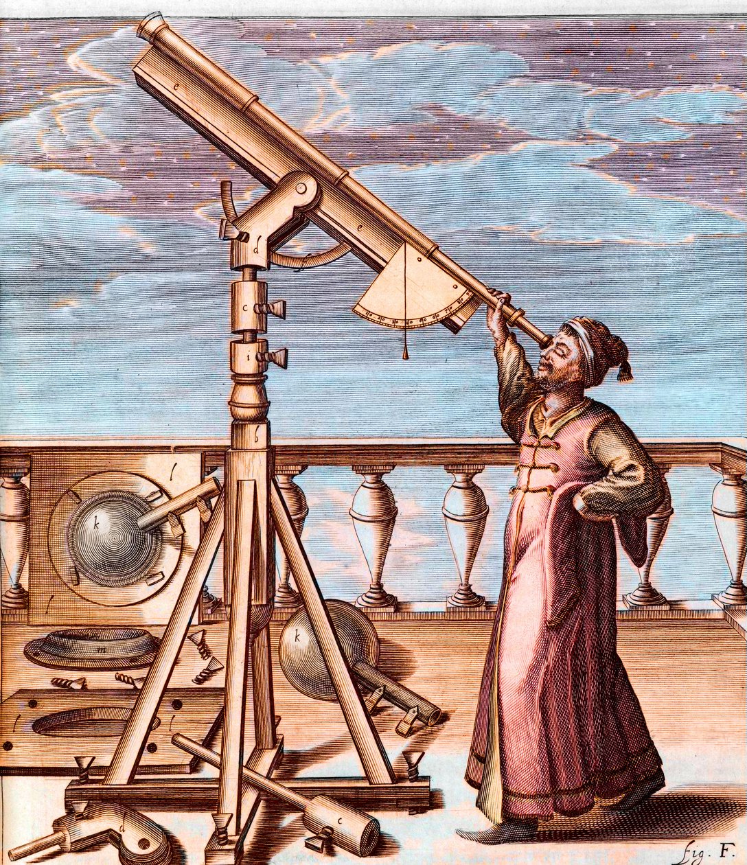 Astronom beobachtet den Himmel mit einem Teleskop - aus: Johannes Hevelius (1611-1687), Selenographia, sive Lunae descriptio (Selenographie, oder Eine Beschreibung des Mondes) von Unknown artist