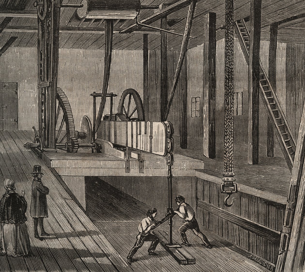 Bohrwerkstatt des artesischen Brunnens von Passy. Gravur von 1856 im „Le Musée Des Sciences“. von Unknown artist
