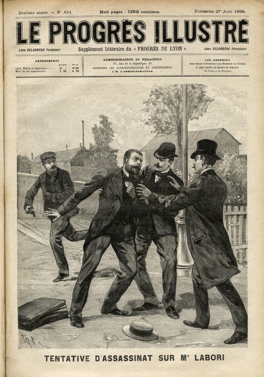 Angriff auf Herrn Fernand Labori (1860-1917), Anwalt in der Verteidigung von Alfred Dreyfus (1859-1935), der in Rennes auf dem Weg zum Gerichtsort von einer Kugel in den Rücken getroffen wurde. Titelblatt von „Le Progrès Illustré“ vom August 1899 (Gravur) von Unknown artist