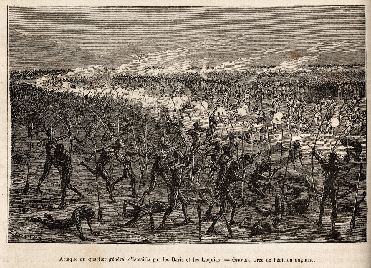 Angriff auf das Hauptquartier von Ismailia (Ägypten), durch eine Koalition von Baris und Loquias, bewaffnet mit Bogen und Pfeil, Sir Bakers Expedition wehrt sich mit Gewehren und schlägt die Angreifer zurück, Gravur zur Illustration einer bewaffneten Exped von Unknown artist