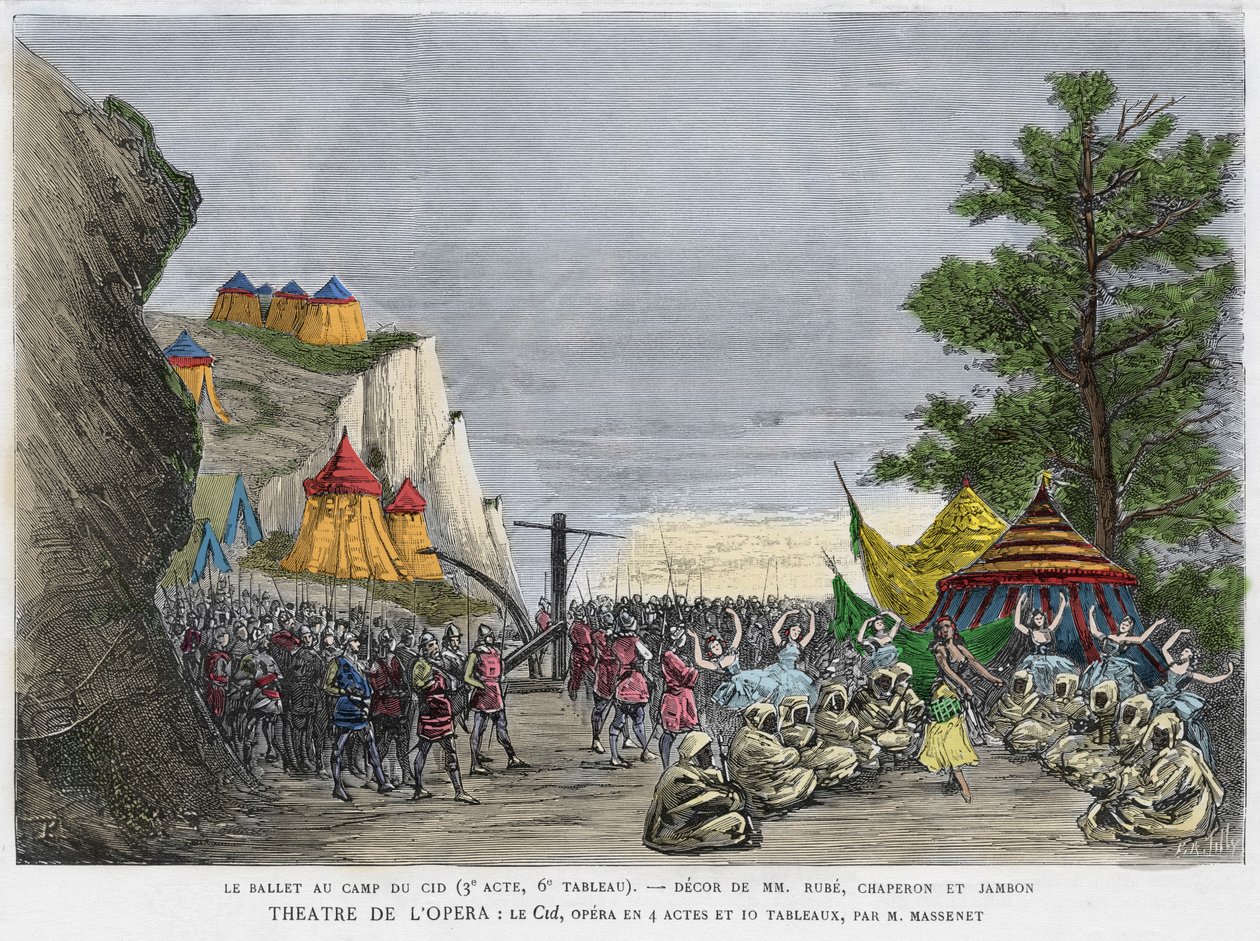 Ballettszene im Militärlager des Cid Illustration der Oper „Le Cid“ von Jules Massenet, nach dem Stück von Pierre Corneille und dem Gedicht von Guillen de Castro. Gravur aus dem 19. Jahrhundert von Unknown artist