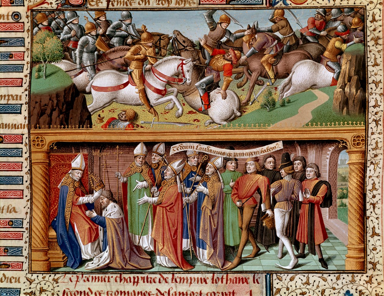 Kampfszene und Krönung von Kaiser Lothar II. von Supplinburg (oder Lothar III. des Heiligen Römischen Reiches) (1075-1137). Miniatur in „Le miroir historial“ (Speculum Historiale) (ms. 1196 fol. 245 r.) von Vincent de Beauvais von Unknown artist