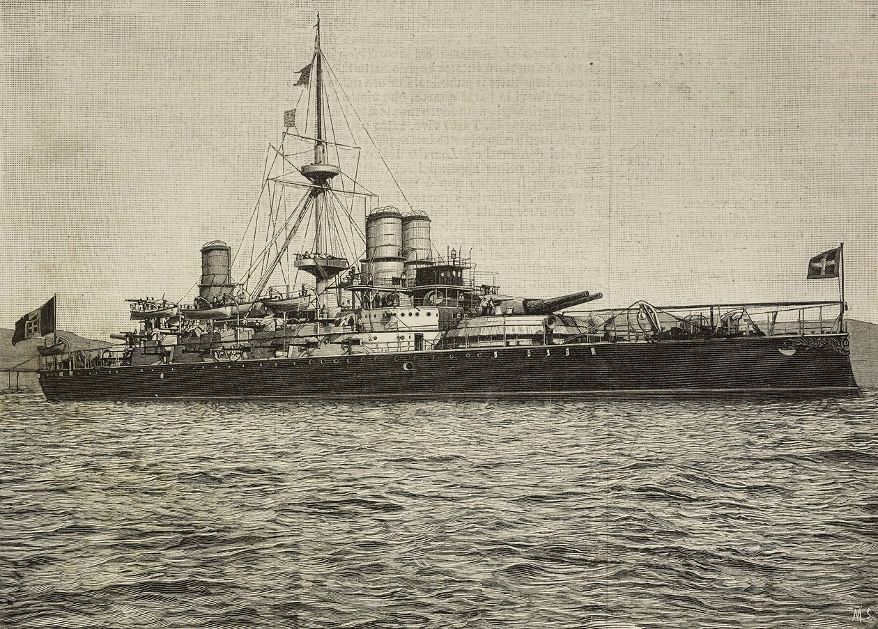 Schlachtschiff Sardegna in Segeltrimmung, Italien, Gravur nach einem Foto von Conti Vecchi aus L