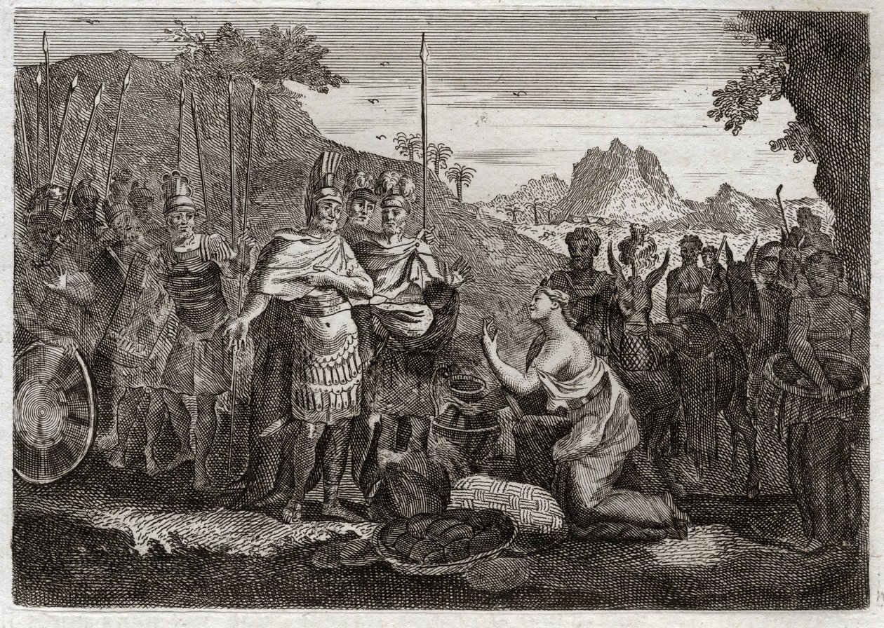 Bibel von Royaumont, Altes Testament: Abigail. Abigail, Nabals Frau, besänftigt Davids Zorn mit ihrer Weisheit. Illustration von 1811. von Unknown artist