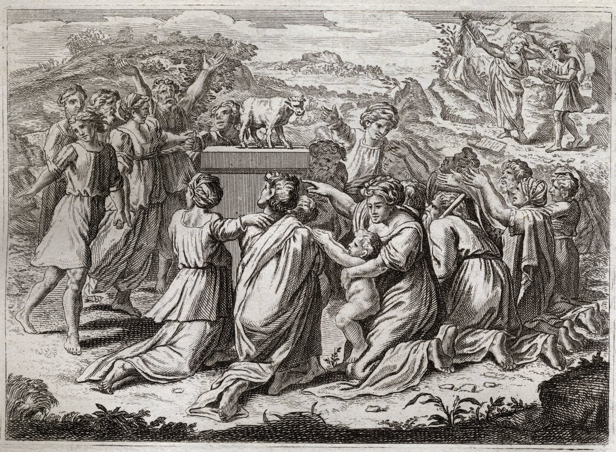 Bibel von Royaumont, Altes Testament: Anbetung des Goldenen Kalbs. Mose sieht die Hebräer und das goldene Kalb und zerbricht die Gesetzestafeln. Illustration von 1811. von Unknown artist