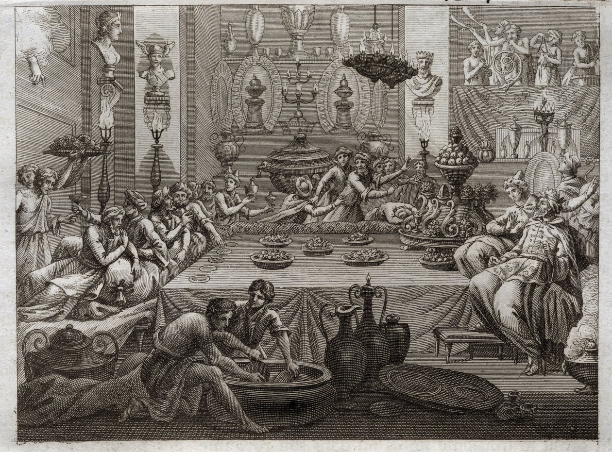 Bibel von Royaumont, Altes Testament: Balthasar verurteilt. König Balthasar (Belshazzar) sieht am Tisch eine Hand, die in drei Worten das Ende seines Urteils schreibt. Illustration von 1811. von Unknown artist