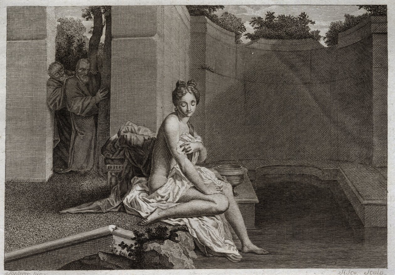 Bibel von Royaumont, Altes Testament: Keuschheit der Susanna. Zwei Älteste, Richter des Volkes, versuchen, die Keuschheit Susannas zu verderben, während sie allein in ihrem Garten badet. Illustration von 1811. von Unknown artist
