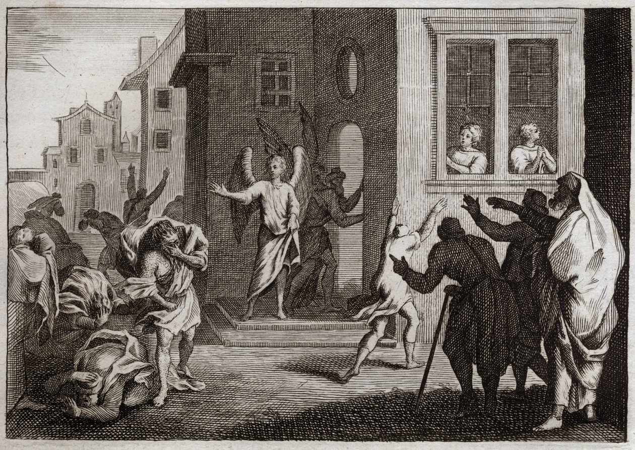 Royaumont-Bibel, Altes Testament: Verbrechen der Sodomiten. Loth empfängt Engel in seinem Haus. Die Sodomiten (Sodom) wollen sie vergewaltigen. Die Engel schlagen sie mit Blindheit. Illustration von 1811. von Unknown artist