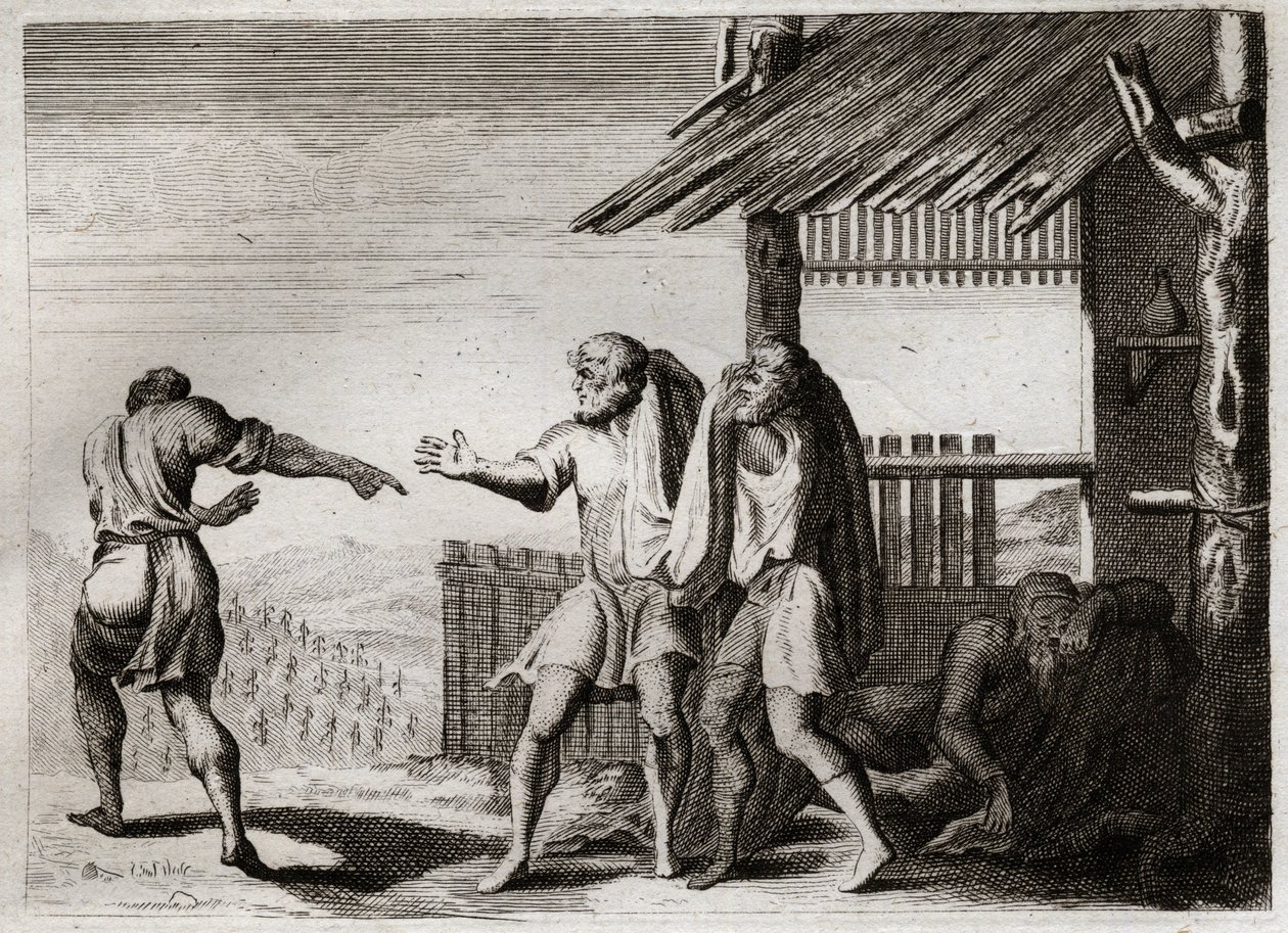 Royaumont-Bibel, Altes Testament: Verfluchung von Cham durch seinen Vater (Noahs Trunkenheit). Cham, der zweite Sohn von Noah, sieht seinen Vater in einer unanständigen Haltung, kümmert sich nicht darum und wird verflucht. Illustration von 1811. von Unknown artist
