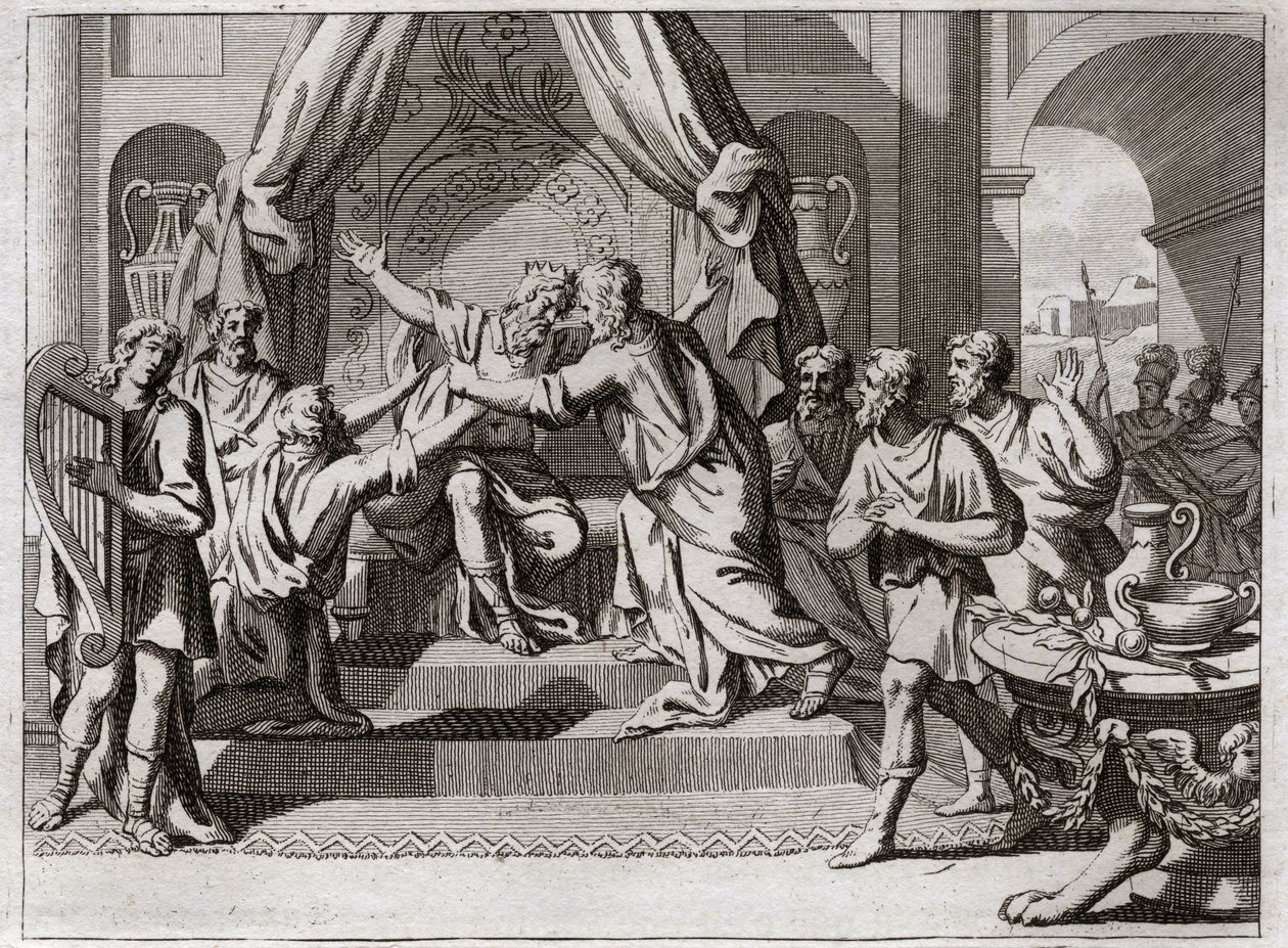 Bibel von Royaumont, Altes Testament: David spielt die Harfe. Saul, von Gott verworfen, wird vom bösen Geist ergriffen. Man sucht einen Mann, der die Harfe spielen kann, um ihn in seinem Übel zu lindern. Illustration von 1811. von Unknown artist