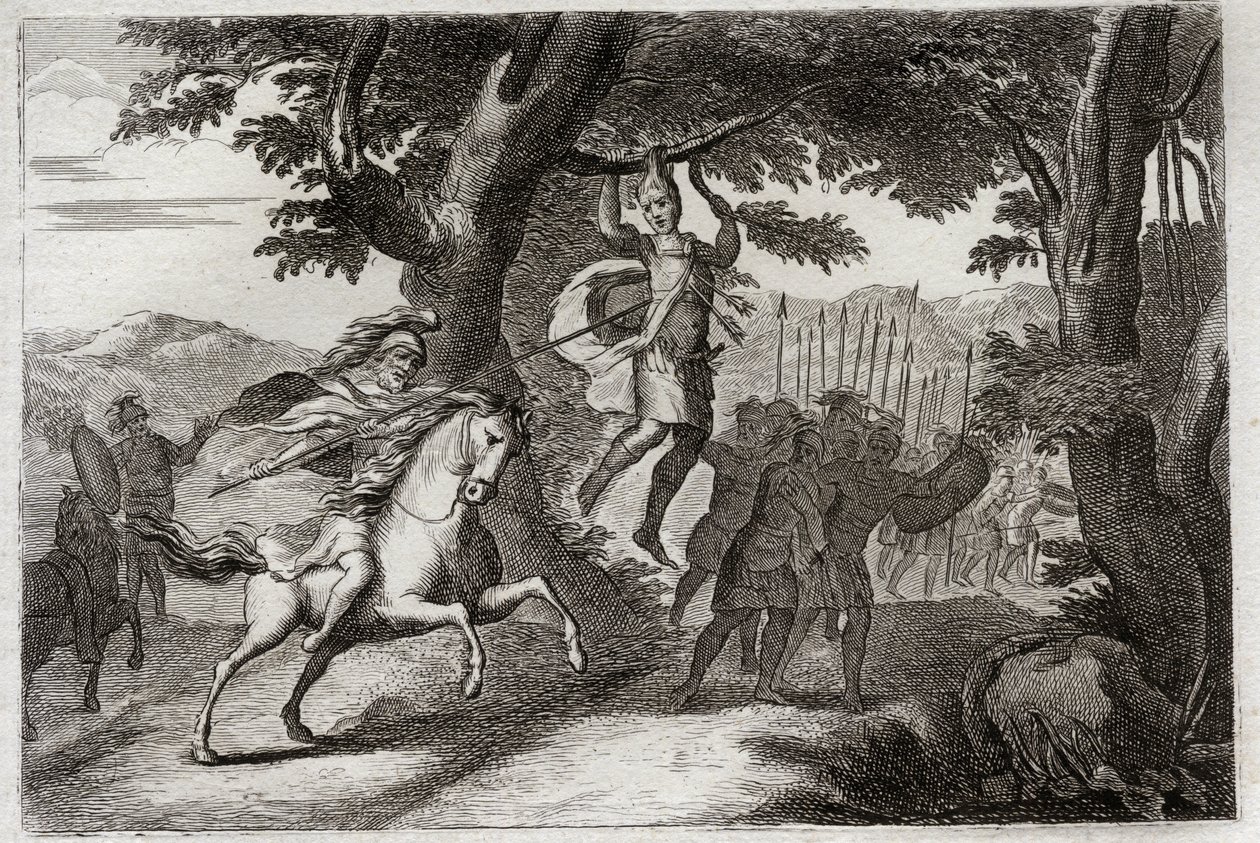 Bibel von Royaumont, Altes Testament: Tod von Absalom. Absalom (oder Avshalom, Absalom), der aus der Schlacht flieht, wird von seinen Haaren an einer Eiche gefangen, oder Joab durchbohrt ihm das Herz mit drei Pfeilen. Illustration von 1811. von Unknown artist