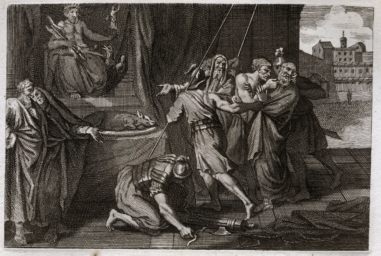Bibel von Royaumont, Altes Testament: Tod von Eleasar. Der alte heilige Eleasar wird auf Befehl von Antiochos IV. Epiphanes (175-164 v. Chr.) getötet, weil er sich weigerte, verbotene Speisen zu essen. Illustration von 1811. von Unknown artist