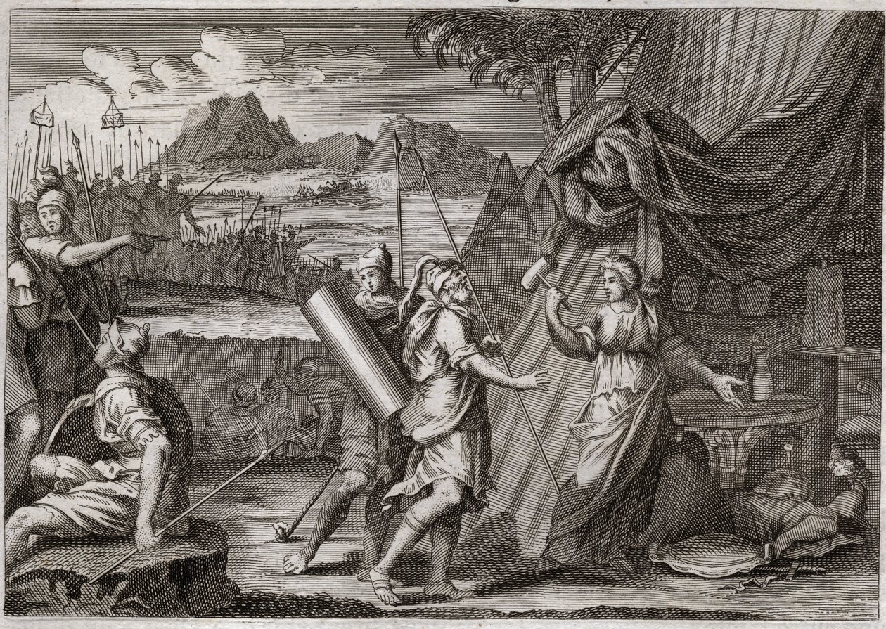 Bibel von Royaumont, Altes Testament: Tod von Sisara. Yael (Jael) tötet den Anführer der Kanaaniterarmee Sisra (Sisera oder Sisara). Illustration von 1811. von Unknown artist
