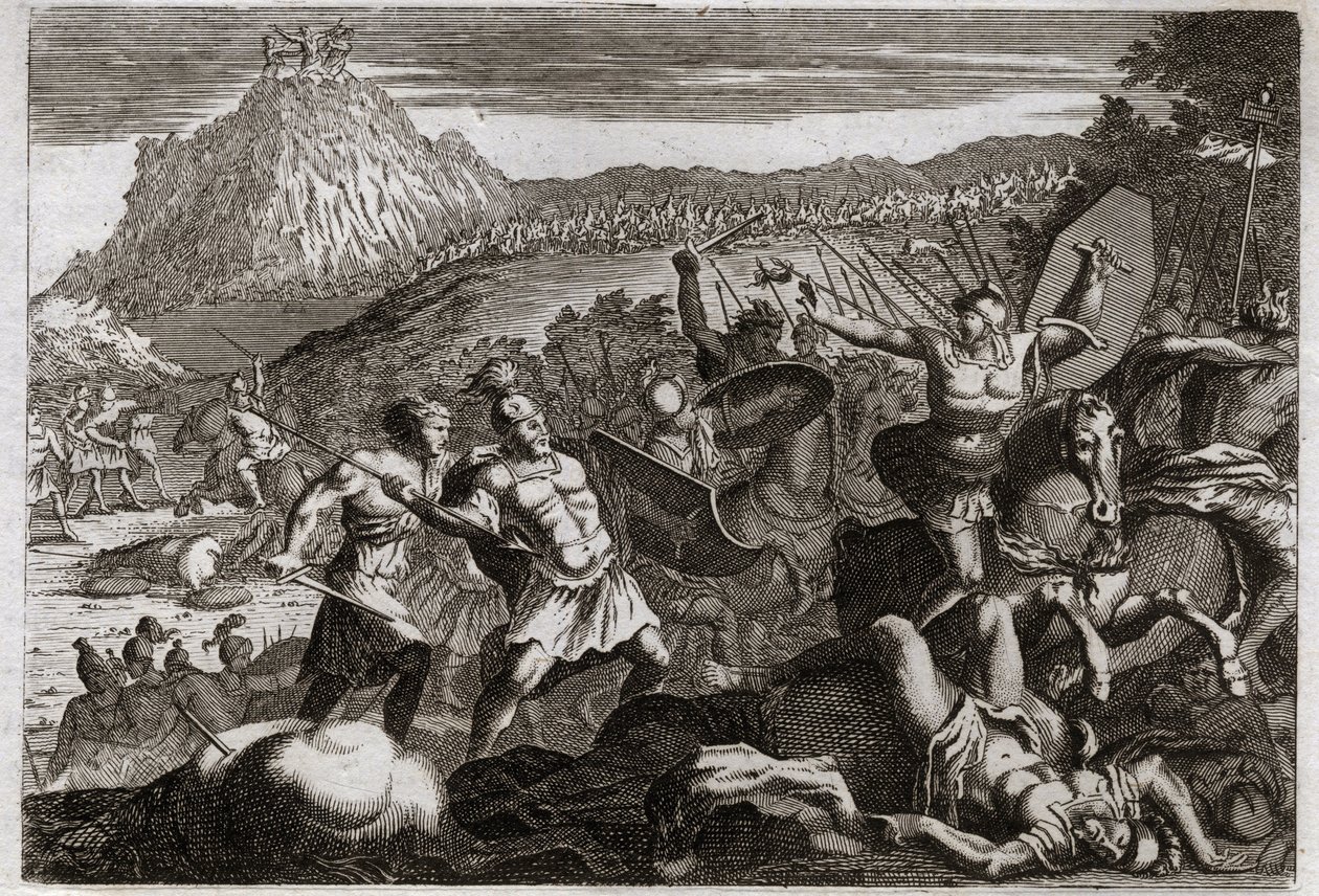 Royaumont-Bibel, Altes Testament: Niederlage von Amalek. Moses erlangte den Sieg über die Amalekiter, indem er seine Hände zum Himmel erhob. Illustration von 1811. von Unknown artist