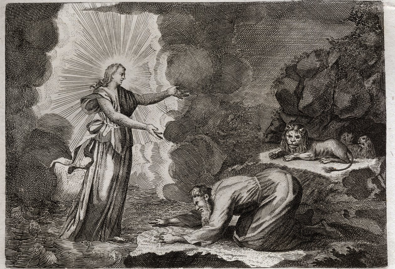Royaumont-Bibel, Altes Testament: Befreiung von Daniel. Daniel, in der Löwengrube, wird auf wundersame Weise getrunken. Illustration von 1811. von Unknown artist