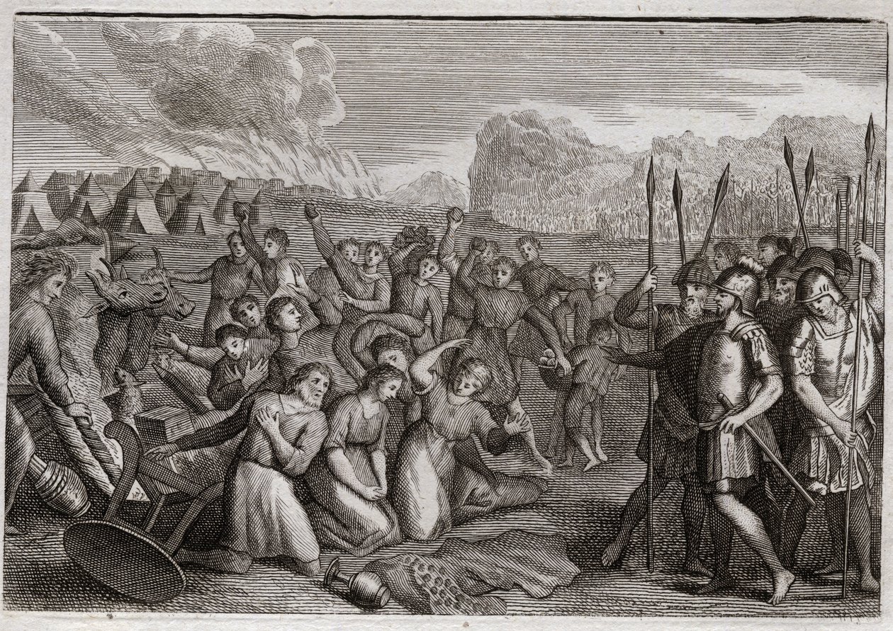 Royaumont-Bibel, Altes Testament: Zerstörung von Ai. Josua greift nach der Zerstörung von Jericho die Stadt Ai an, wo er zunächst wegen des Verbrechens von Akan zurückgeschlagen wird, aber nach der Bestrafung von Akan nimmt er die Stadt ein. Illustration v von Unknown artist