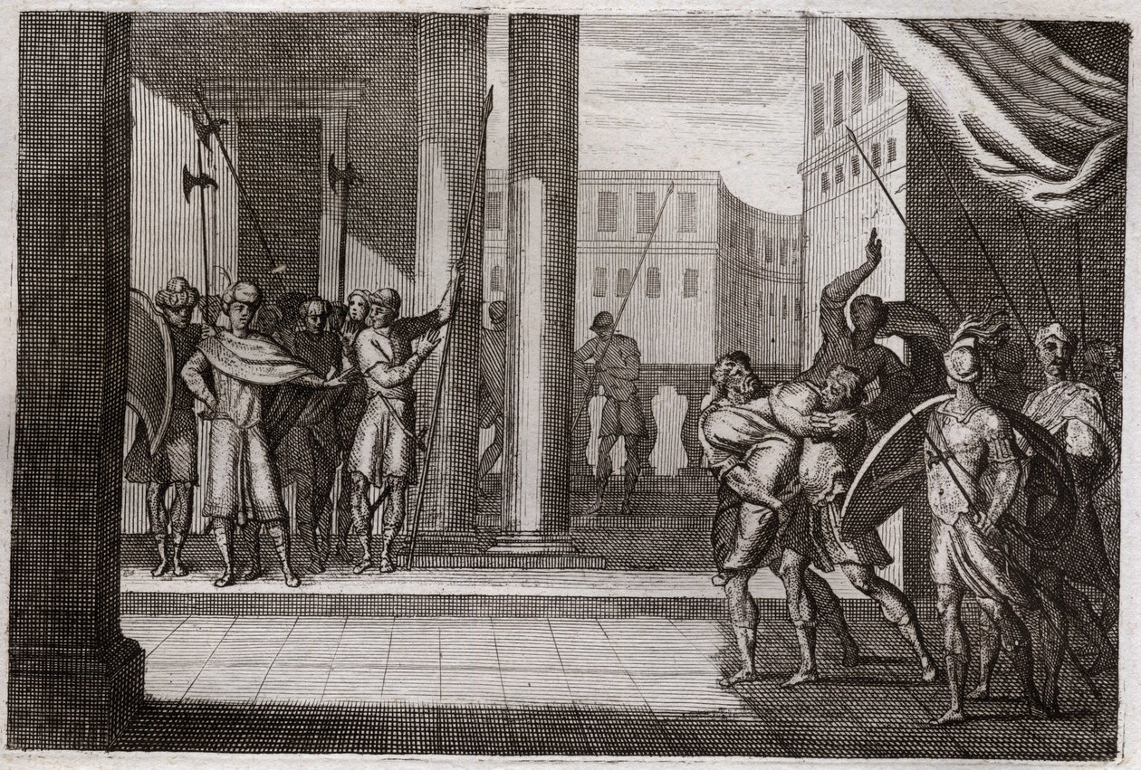 Bibel von Royaumont, Altes Testament: Dina ging aus Neugierde hinaus, um die Frauen von Sichem zu sehen, und der König dieser Stadt hatte ihr Gewalt angetan, ihre Brüder rächten sich und töteten alle Einwohner von Sichem mit dem König. Illustration von 181 von Unknown artist