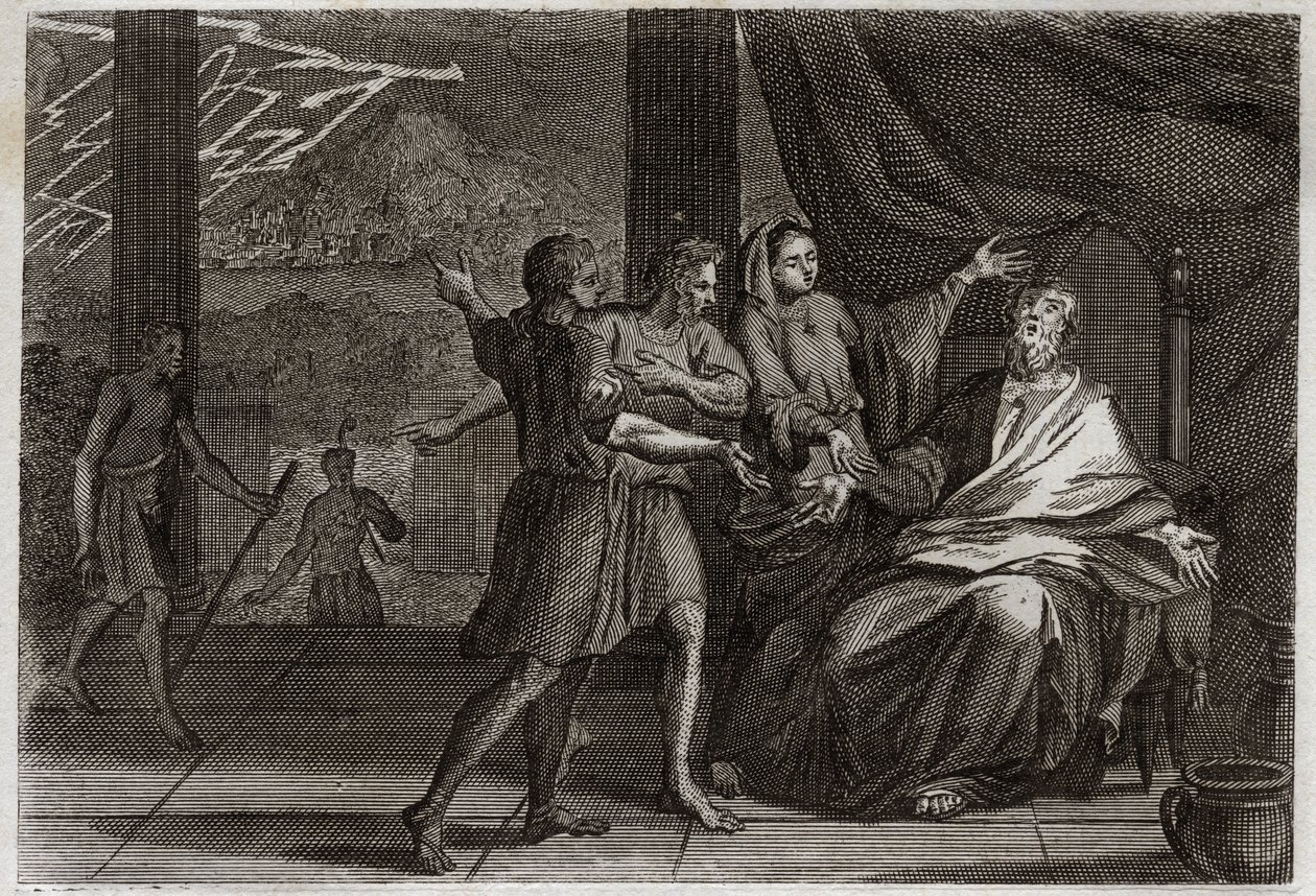 Bibel von Royaumont, Altes Testament: Freunde von Hiob. Hiob wird von drei Fürsten, seinen Freunden, besucht, die ihm statt Trost nur Kummer bringen. Illustration von 1811. von Unknown artist