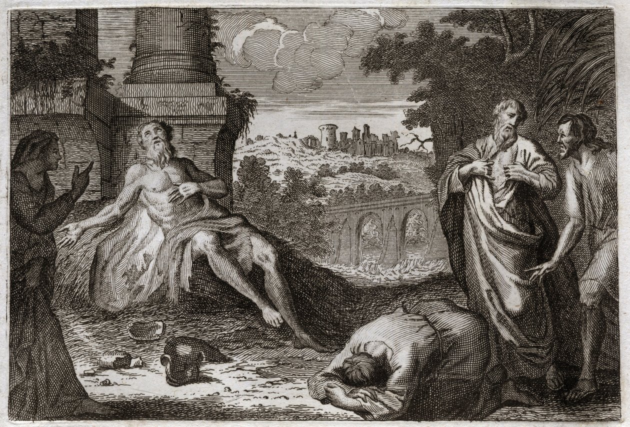 Bibel von Royaumont, Altes Testament: Hiob auf dem Misthaufen. Der heilige Mann Hiob wird vom Dämon versucht, der ihm all sein Gut und alle seine Kinder nimmt, ihn mit einer schrecklichen Wunde schlägt und ihm nur seine Frau lässt, die ihn ungeduldig trägt von Unknown artist