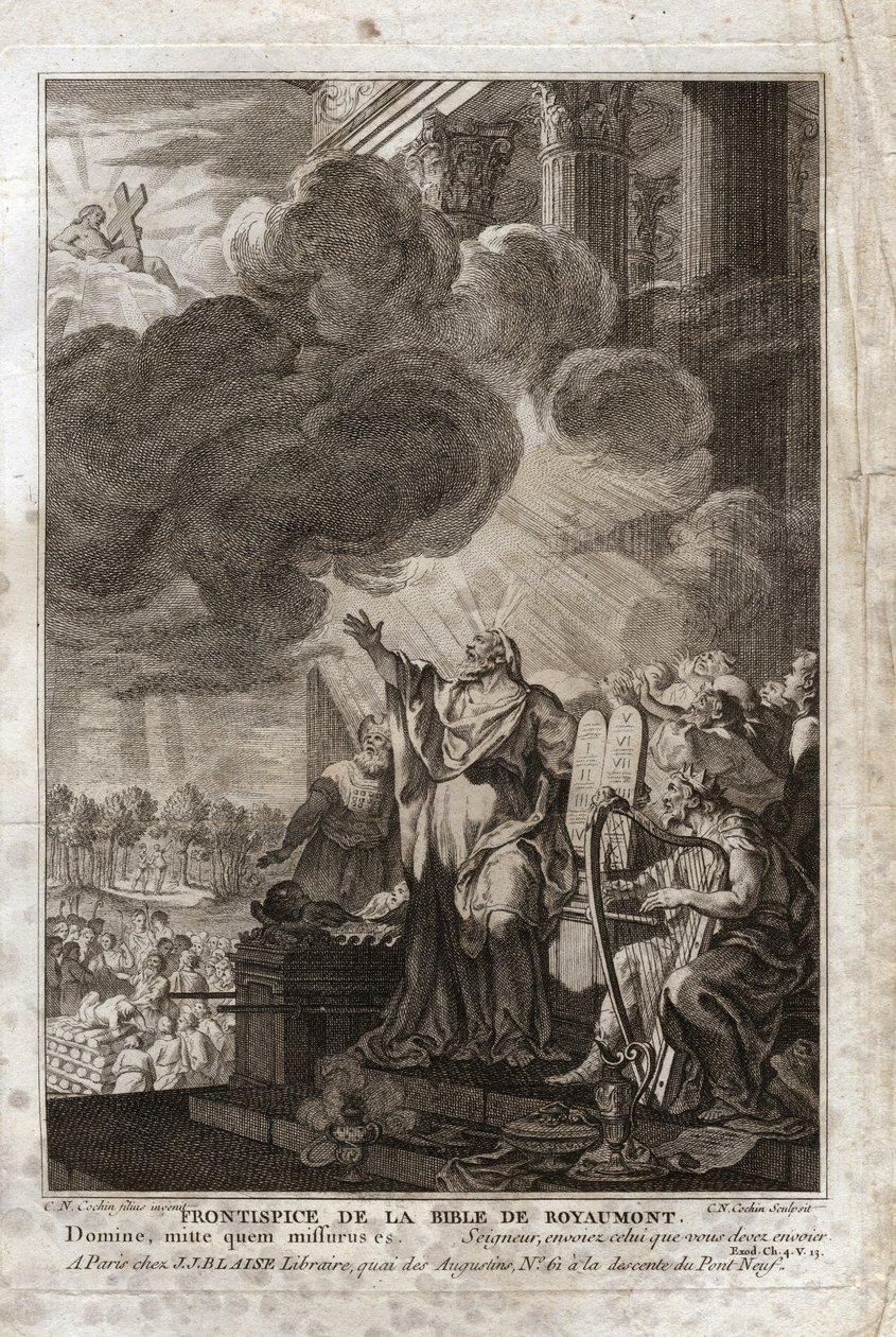 Bibel von Royaumont, Altes Testament: Moses spricht zu Gott („Herr, sende wen du senden musst“). Frontispiz. Illustration von 1811. von Unknown artist