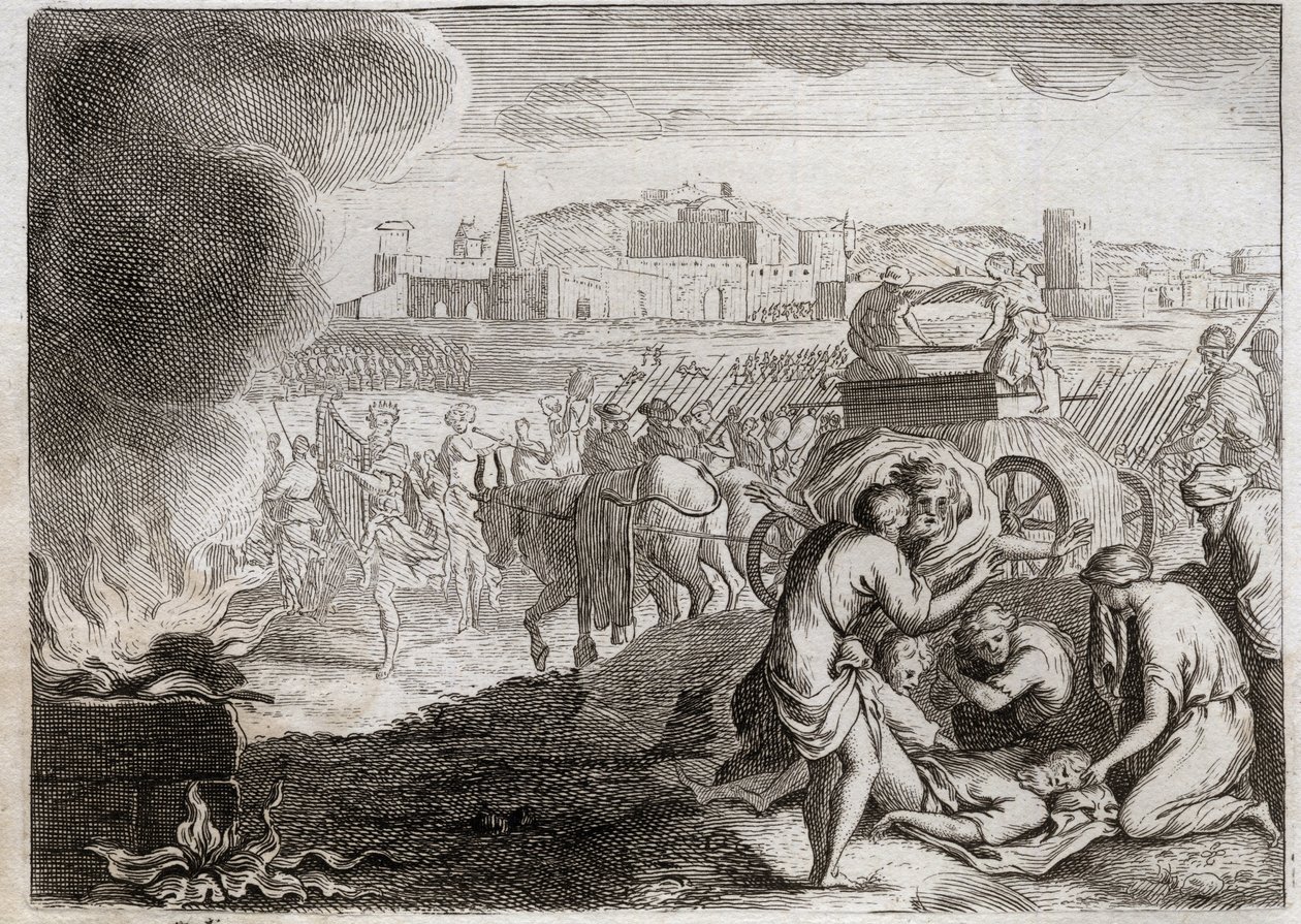 Royaumont-Bibel, Altes Testament: Oza wird von Gott geschlagen. David will die Bundeslade nach Hause bringen. Oza starb, als er seine Hand darauf legte, um sie vor dem Fallen zu bewahren. Illustration von 1811 von Unknown artist