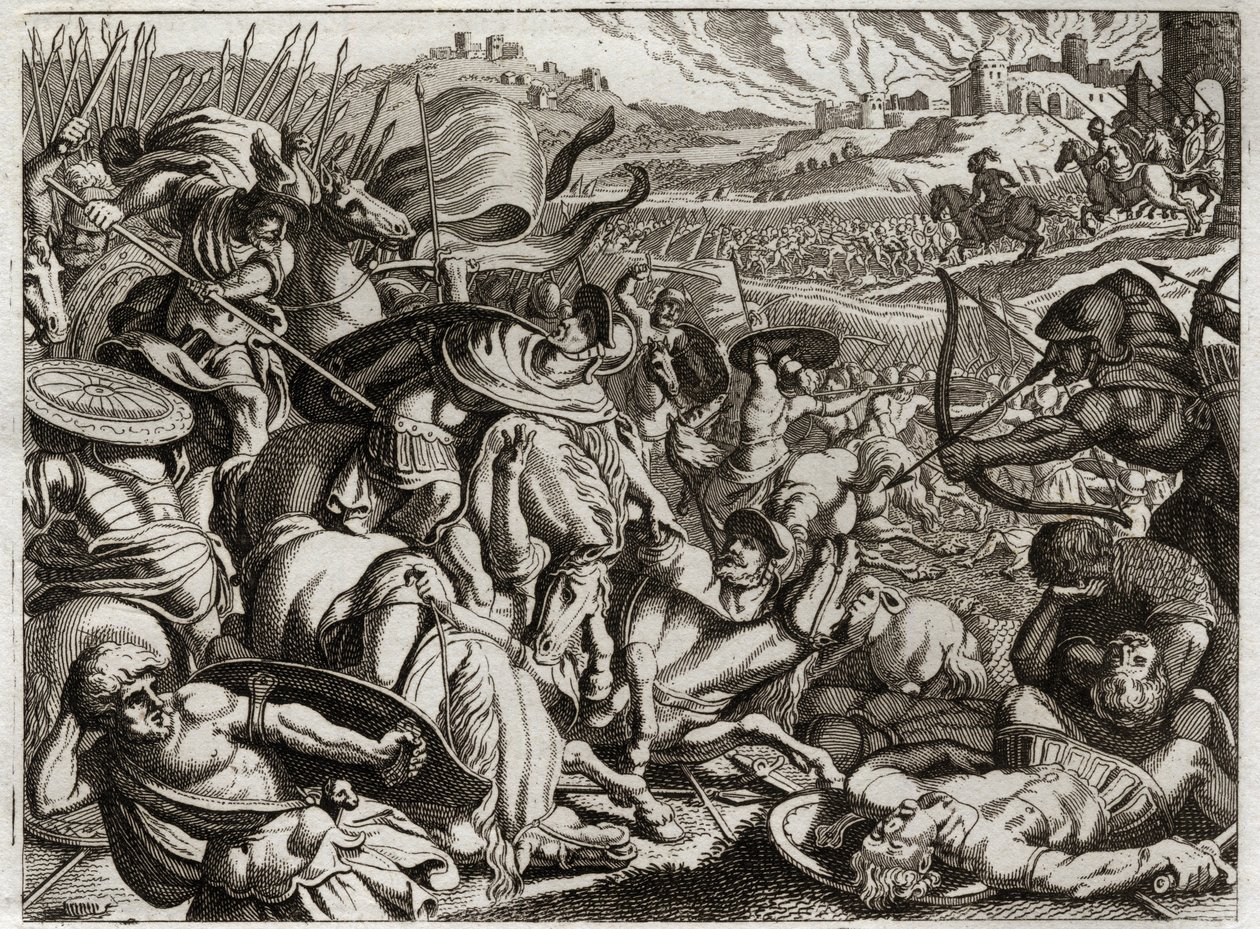 Bibel von Royaumont, Altes Testament: Bestrafung der Benjamiten. Der Stamm Benjamin wird ausgerottet. Illustration von 1811. von Unknown artist