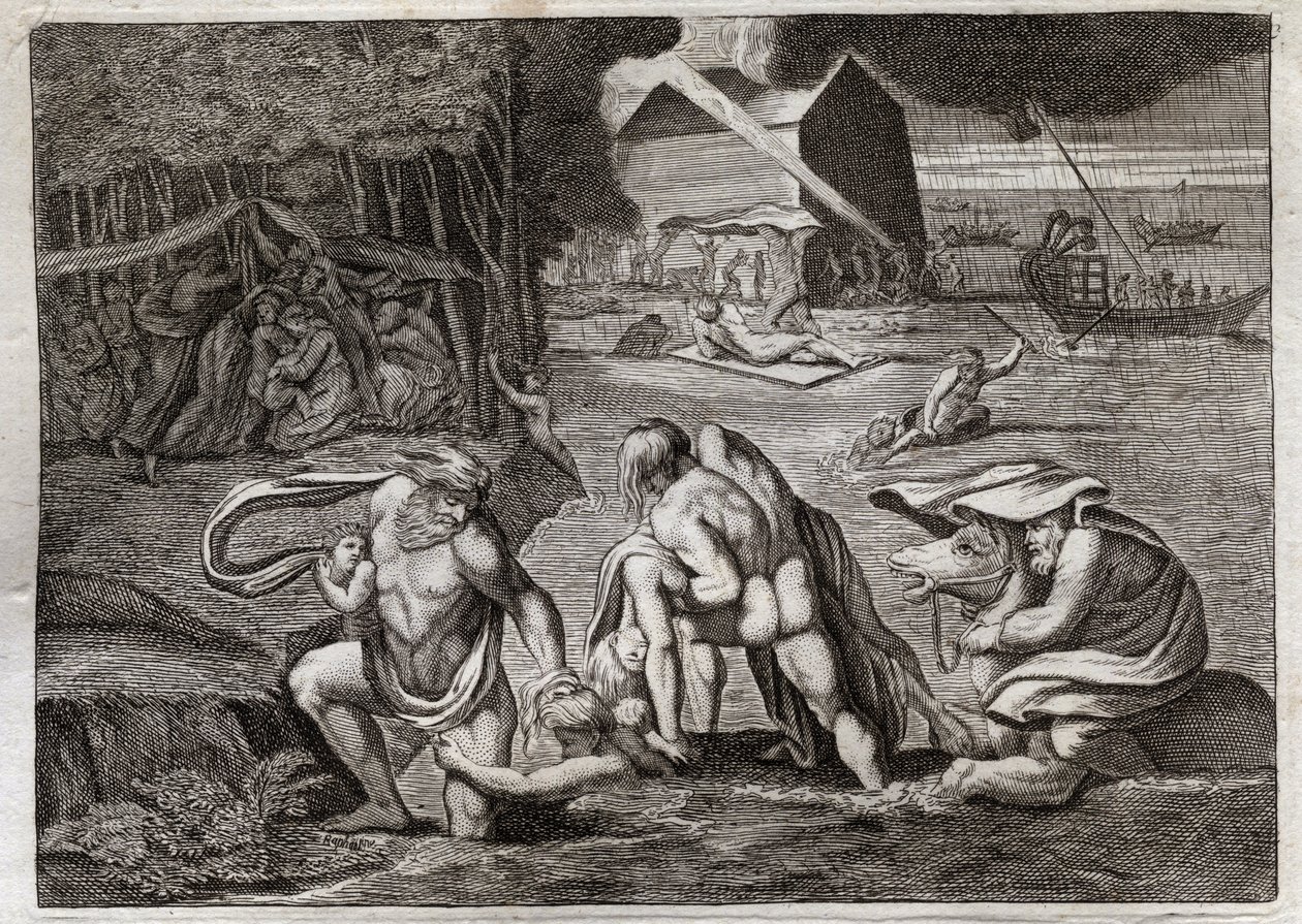 Bibel von Royaumont, Altes Testament: Die Sintflut. Die Sintflut überschwemmt die ganze Erde. Die einzige Arche rettet diejenigen, die darin eingeschlossen waren, vor dem Untergang. Illustration von 1811. von Unknown artist