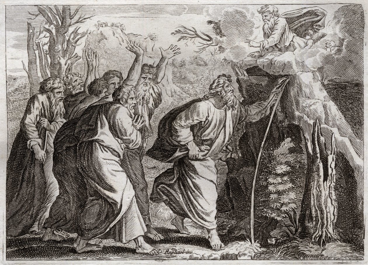 Bibel von Royaumont, Altes Testament: Wasser aus dem Felsen. Moses bringt Wasser aus dem Felsen und gibt dem Volk Israel zu trinken. Illustration von 1811. von Unknown artist