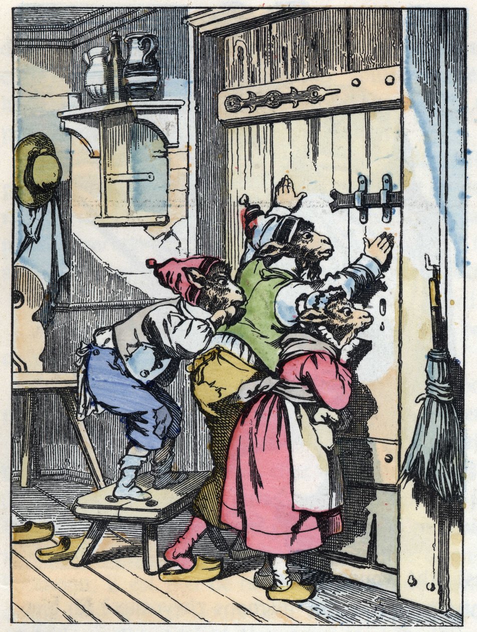 Die Zicklein hören, wer an die Tür klopft. Illustration des Märchens „Compere le Loup, Maitre Renard, Comere la Chevre et ses petits biquets“ nach einer Fabel von Jean de La Fontaine. In „Märchen aus dem Heim für die Kleinen“. Anonyme Gravur des 19. Jahrhu von Unknown artist