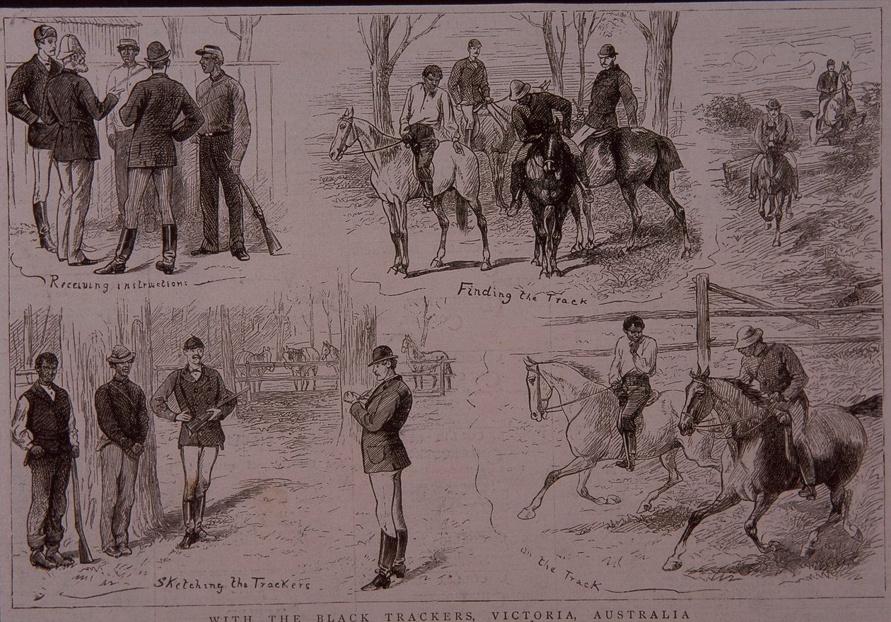 Schwarze Fährtenleser auf der Spur von Buschräubern in Victoria, Australien im Jahr 1881 von Unknown artist