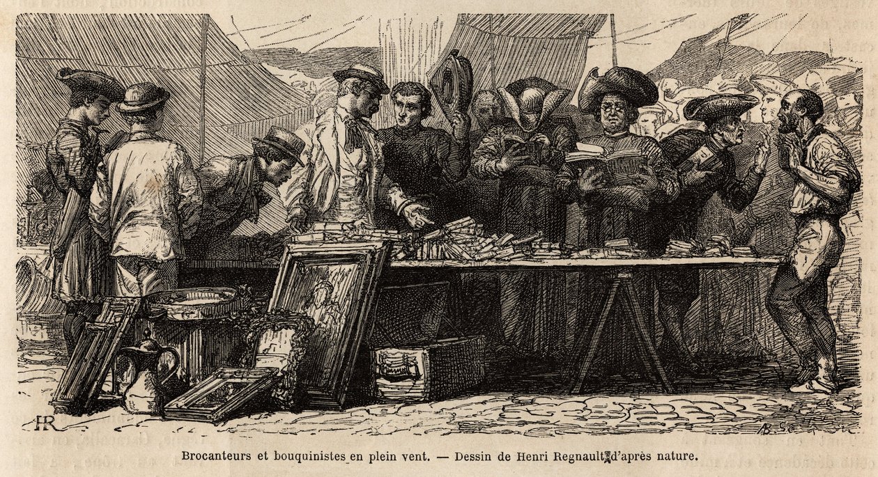 Buchmacher und Trödler im Wind, nahe dem Montanara-Platz, unter einem aufgestellten Zelt, Amateure und Kleriker wetteifern um ein Sammelsurium von Antiquitäten, einige lesen dort, andere feilschen mit Gesten. Gravur zur Illustration der Reise nach Rom, von von Unknown artist