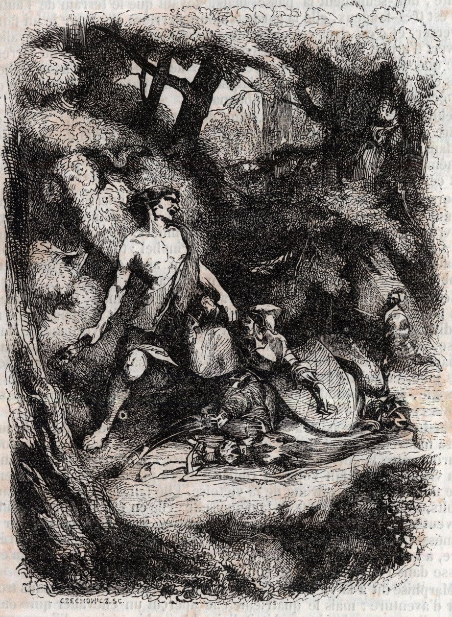 Bradamante von einem Riesen niedergeschlagen - Gravur von 1851 aus „Roland furieux“ (Orlando furioso) (16. Jahrhundert) von Ludovico Ariosto, bekannt als der Ariosta - Ausgabe übersetzt aus dem Italienischen von Graf von Tressan und veröffentlicht von Gust von Unknown artist