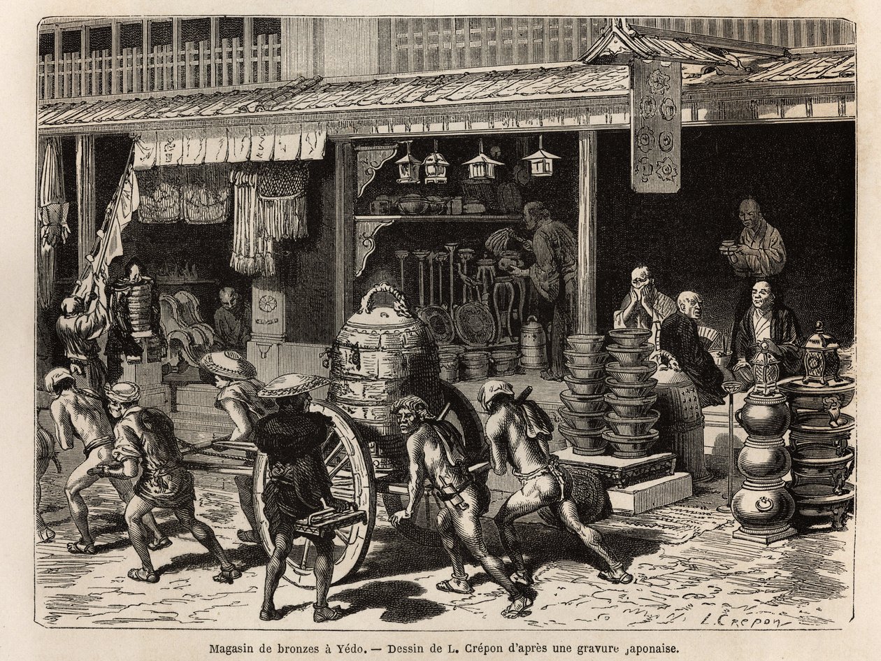 Bronzegeschäft in Yedo (oder Edo, heutiges Tokio), Spezialität der Stadt, präsentiert Objekte des buddhistischen Kultes: Glocken, Gongs, Trommeln, Vasen, Kandelaber, Räuchergefäße und Statuen, aber auch weniger rituelle Objekte wie Sake-Kannen, Lampen, Koh von Unknown artist