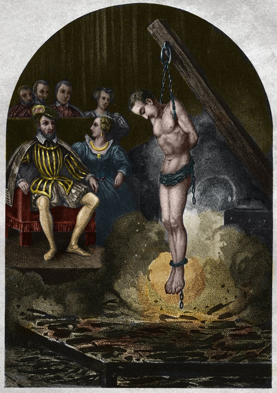Brennkammer (Gericht) unter König Heinrich II. (1519-1559) in Anwesenheit von Caterina de Medici. Gravur von 1842 in „Histoire des popes“ von Maurice Lachatre. Private Sammlung. von Unknown artist