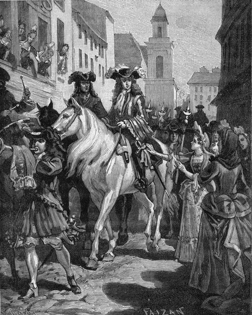 Kamisardenkrieg (1702-1704): Ein Katholik versucht, den Anführer der Kamisarden, Jean Cavalier (1681-1740), zu berühren. Nîmes, Gard (30). Gravur aus dem 19. Jahrhundert. In „Geschichte Frankreichs“ von Jules Michelet von Unknown artist