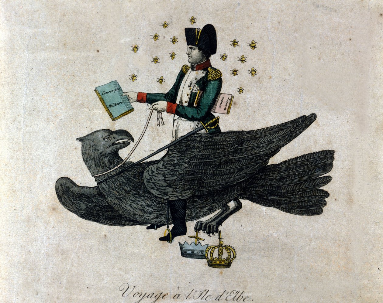 Karikatur über Napoleon über sein Exil auf der Insel Elba. Napoleon auf einem Adler hält in seiner rechten Hand ein Buch mit dem Titel Militärische Einberufung. Gravur der Zeit. von Unknown artist