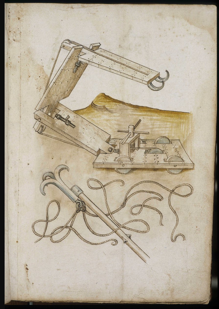 Katapult- und Hakensystem - Manuskript: Pergamentblatt aus einem Ingenieurshandbuch für den Bau ziviler, religiöser und militärischer Gebäude, anonym, spätes 15. Jahrhundert (Figur in chinesischer Tinte) von Unknown artist