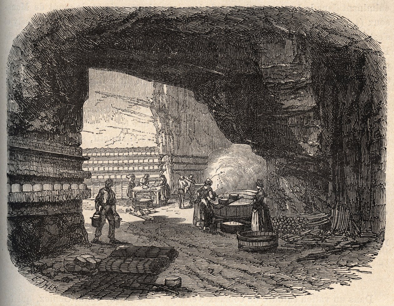 Käse - Roquefort-Keller - Gravur in „PATRIE“ - BESCHREIBUNG PICTURESQUE DE LA FRANCE EN 6 VOLUMES VON LUCIEN HUARD - Ende des 19. Jahrhunderts von Unknown artist