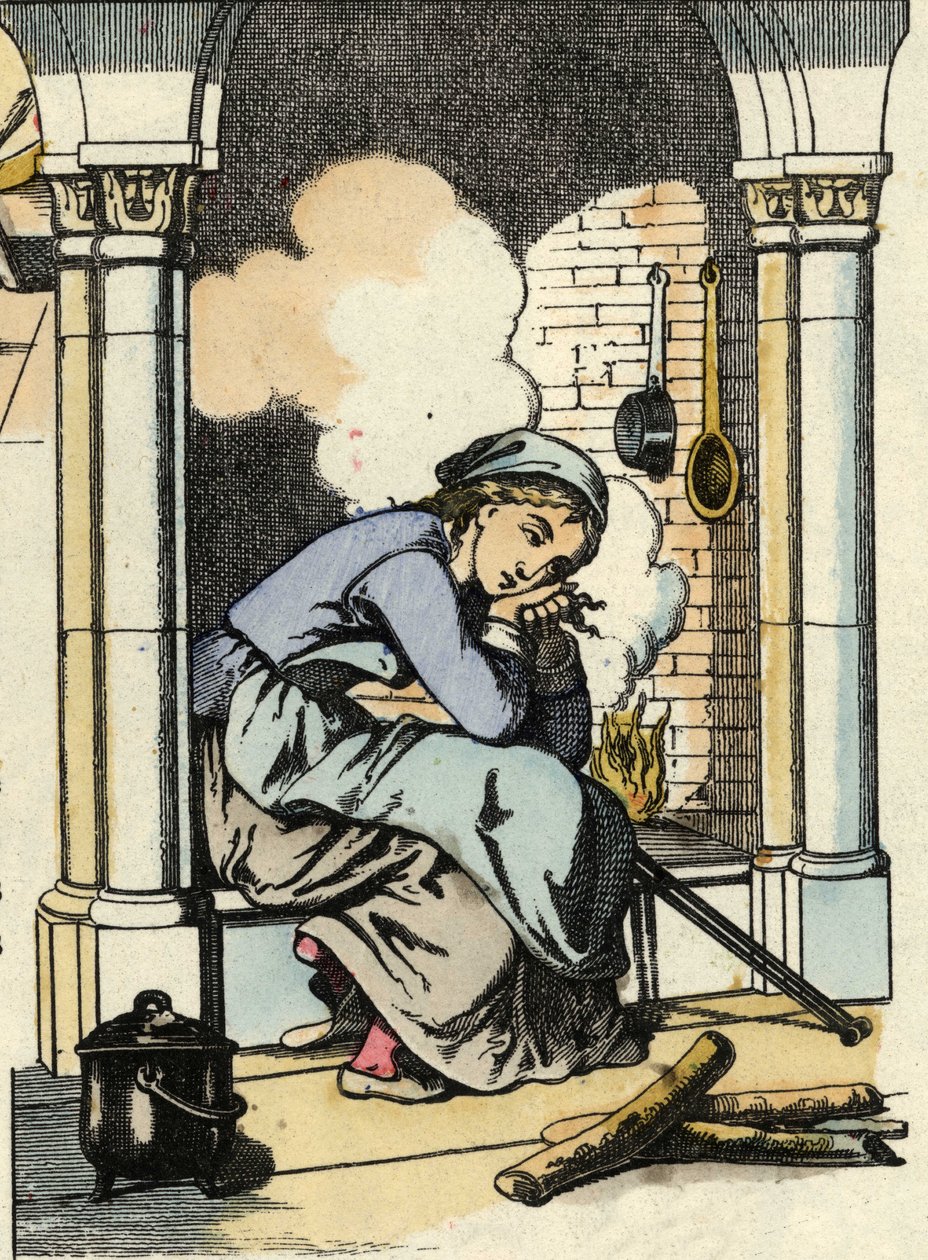 Aschenputtel träumt von einem besseren Leben am Küchenherd. Illustration des Märchens „Aschenputtel oder Der kleine Glasschuh“ von Charles Perrault von Unknown artist