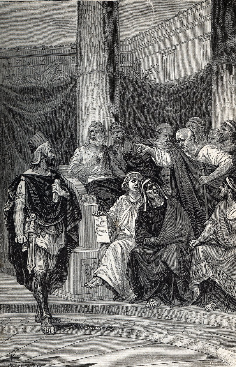 Cineas, wichtiger Berater von König Pyrrhus, versucht nach der Schlacht von Heraclea 280 v. Chr. mit den Römern zu verhandeln, Gravur 1884 von Unknown artist