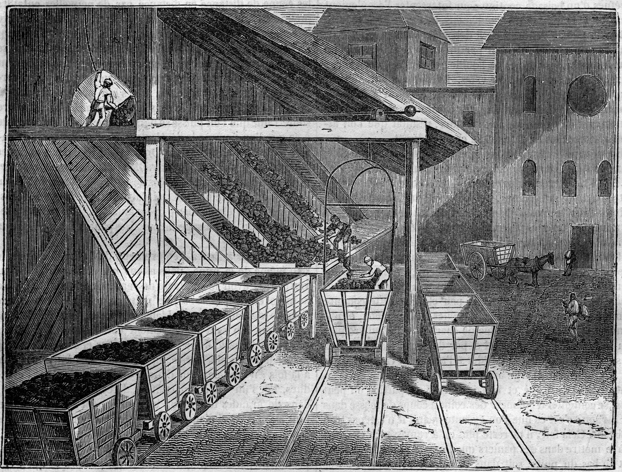 Kohlenmine: Kohle, die aus der Mine gewonnen wird, wird auf Karren zu Gießereien, Zügen und Schiffen verladen. In „Der malerische Laden“ 1835 von Unknown artist