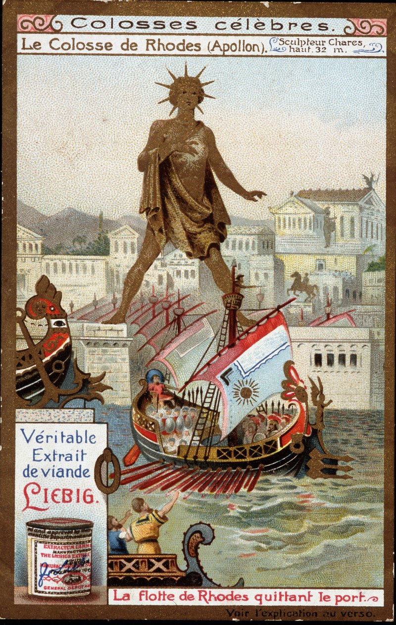 Berühmte Kolosse: der Koloss von Rhodos (Apollo, Helios) (Höhe 32 Meter), der Bildhauer Chares von Lindos (4. Jahrhundert v. Chr.); die Flotte von Rhodos verlässt den Hafen (Griechenland) - Liebig Chromolithographie von Unknown artist