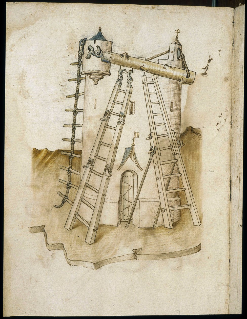 Bauarbeiten - Manuskript: Pergamentblatt eines Ingenieurhandbuchs für den Bau ziviler, religiöser und militärischer Gebäude, anonym, späte 15. Jahrhundert (Figur in chinesischer Tinte) von Unknown artist