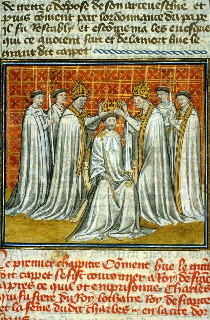 Krönung von Hugues Capet (987) durch Adalberon (ca. 925-990), Erzbischof von Reims - Illumination eines Manuskripts auf Pergament des Mittelalters „Große Chroniken von Saint-Denis“ Ende des 14. Jahrhunderts (ref.512) von Unknown artist