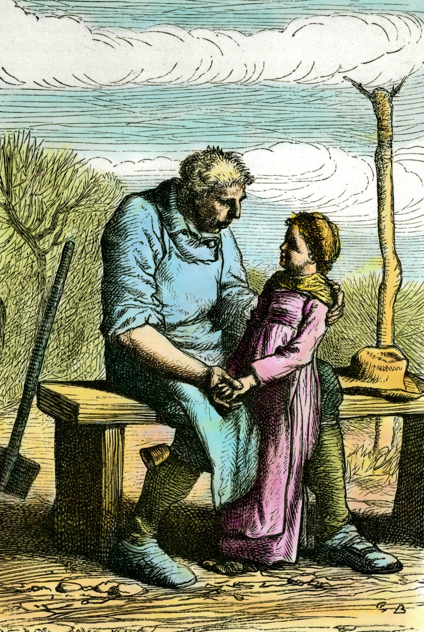 Cosette und Jean Valjean. Illustration für den Roman „Les Misérables“ von Victor Hugo (1802-1885) Gravur von 1865 Private Sammlung von Unknown artist
