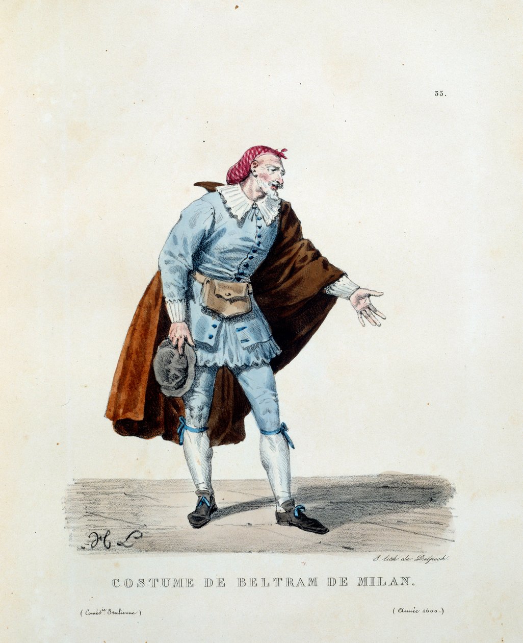 Kostüm von Niccolo Barbieri, bekannt als Beltrame von Mailand (gestorben 1641) im Jahr 1600. Kostüm der italienischen Komödie (commedia dell