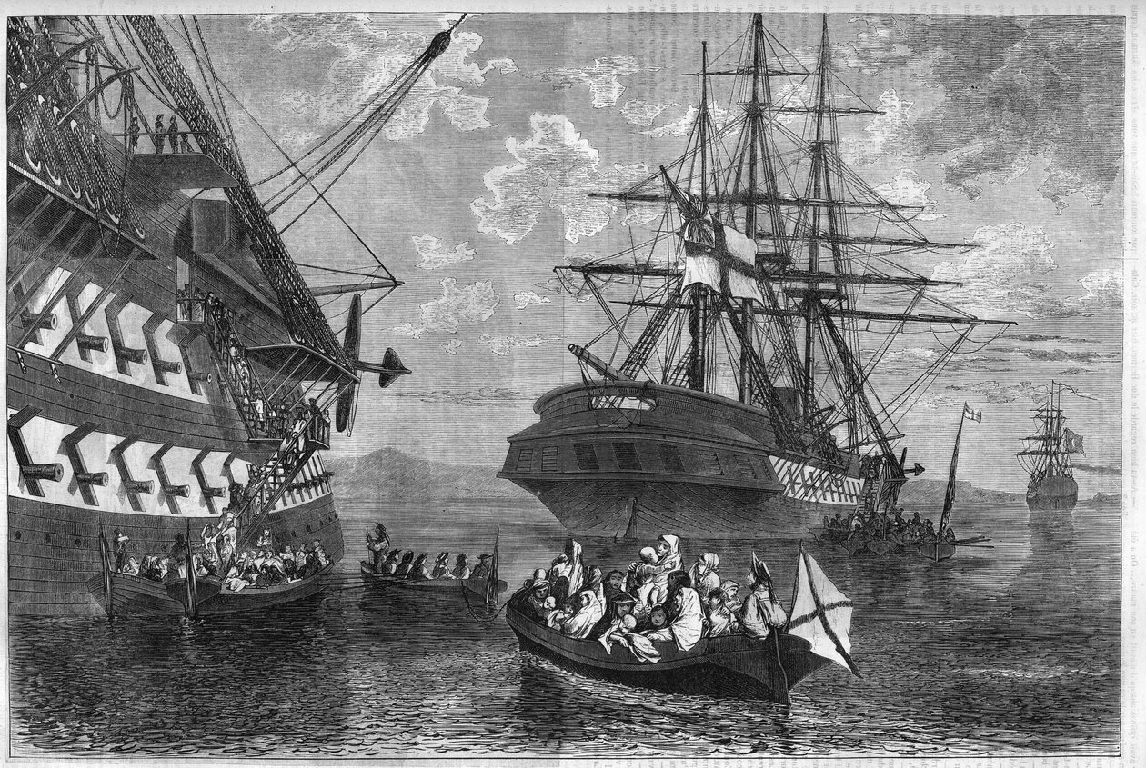 Kretische Revolte von 1866-1869 (Aufstand der Insel Kreta gegen das Osmanische Reich): Kretische Familien suchen Asyl auf Schiffen neutraler Mächte. Gravur in „L