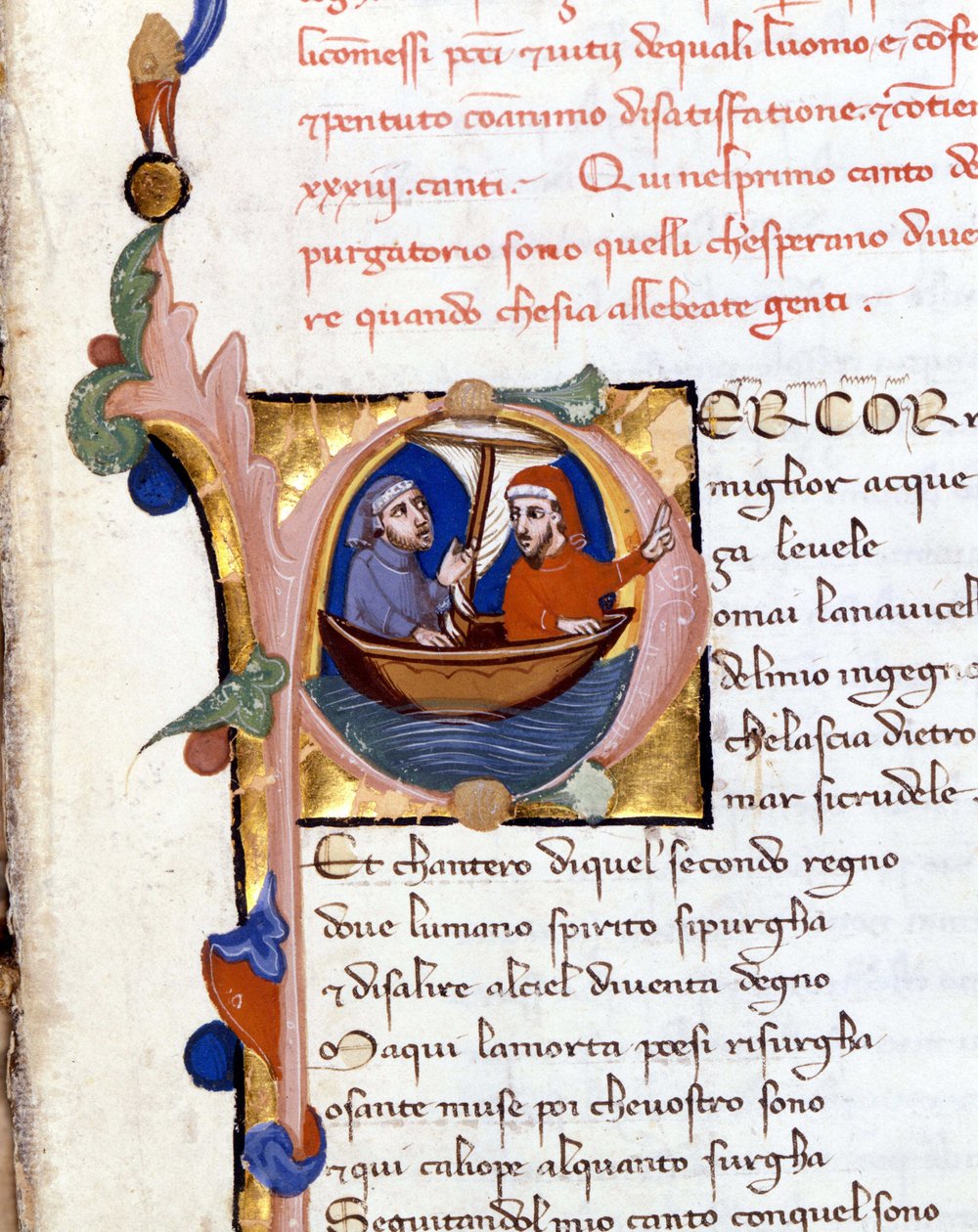 Dante Alighieri: Divina Commedia (Göttliche Komödie) Anfang des Purgatoriums. Dante und Virgil. Manuskript aus dem 14. Jahrhundert. Milano bibl. Trivulziana von Unknown artist