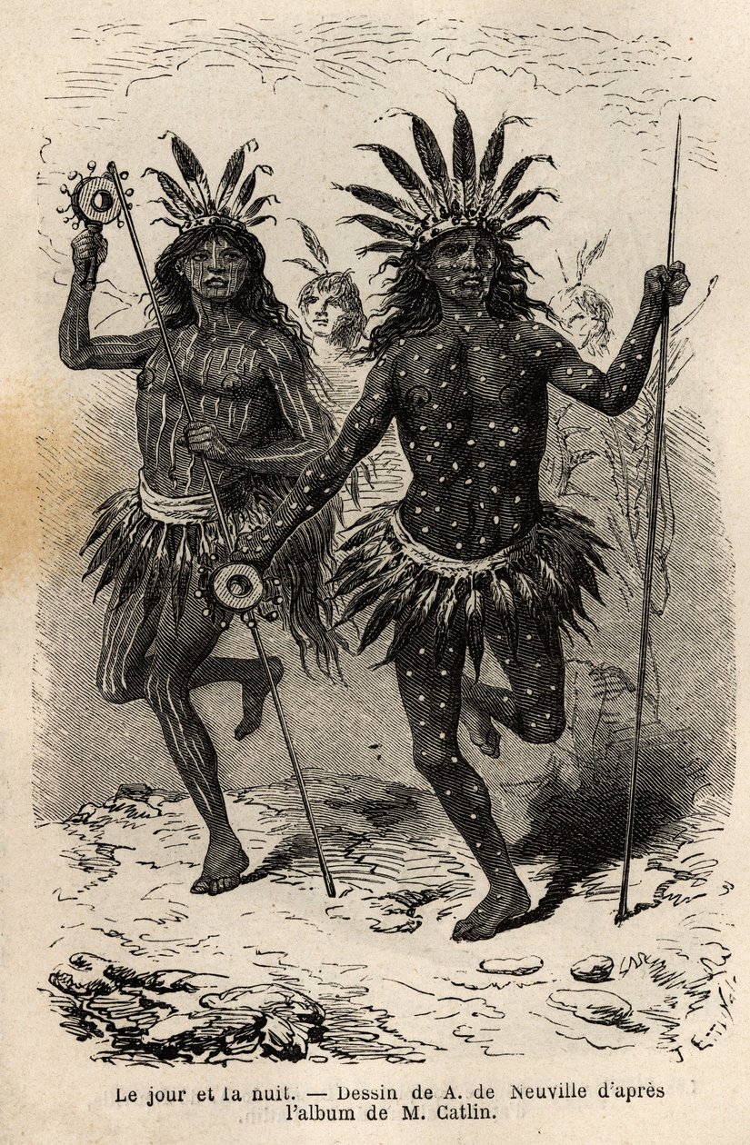 Tag und Nacht, Malereien auf dem Körper der Tänzer der religiösen Zeremonie und Sühne, ausgeführt von den Häuptlingen und seinen Gefährten, unter den Mandan-Indianern (oder Noumah Ka Kie: Fasanen), am linken Ufer des Missouri. Gravur zur Illustration einer von Unknown artist